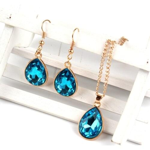 1 set Rose Gold Water drop Pendant Necklace & earrings Fashion Jewelry Lake blue