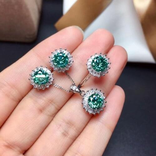 S925 Sterling Silver Blue And Green Mosan Diamond Ring Earrings Pendant Set 1.0ctD VVS1 Level Clarity Hip Hop Trend Fashion