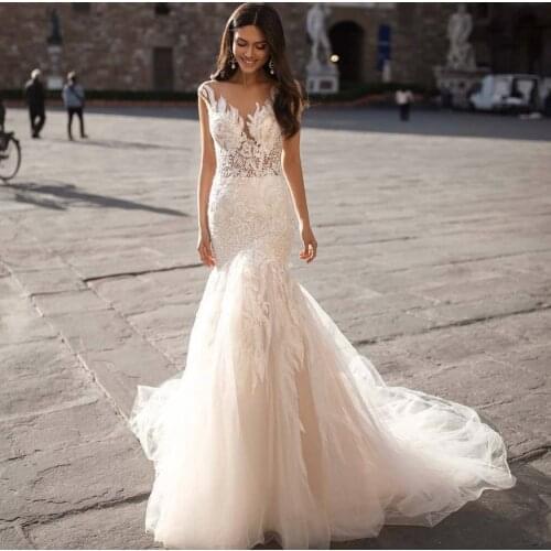 Wedding Dress Mermaid Sheer Neck Cap Sleeve Lace Appliques Sequined Beads Backless Floor Length Sweep Train Bride Gown New