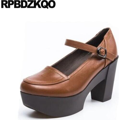 Brown Mary Jane Beige Size 33 Genuine Leather Shoes Women Platform Block High Heels Top Quality Retro 2018 4 34 Round Toe Pumps