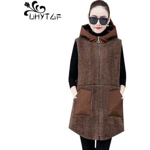 UHYTGF Vests for women lambswool warm winter vest waistcoat female Solid color wild Sleeveless hooded plus size vest jacket 610