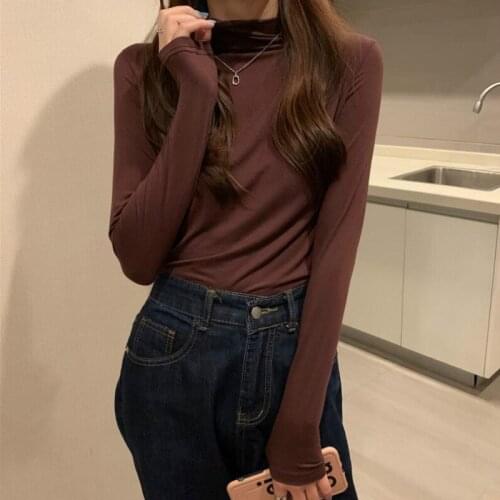 Korean Simple Basic Tees Tops Womens Autumn Winter Turtleneck Long Sleeve Slim Stretch T-shirt Woman Casual Tshirts