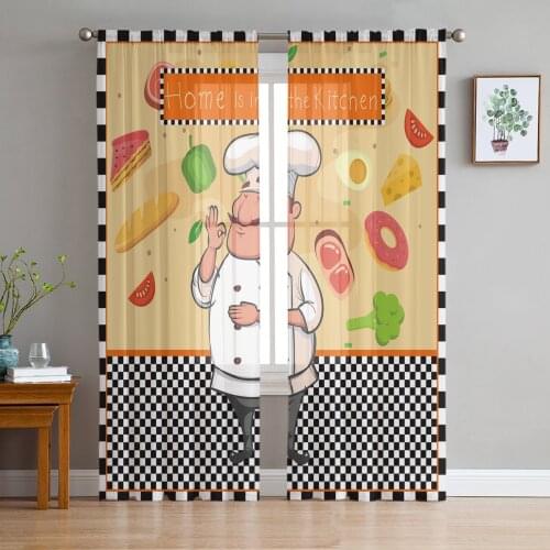 Kitchen Cook Vegetables Meat Dessert Plaid Tulle Curtain Voile Transparent for Bedroom Living Room Kitchen Sheer Window Curtains