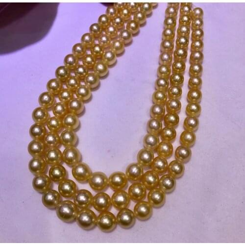 9-12mm Big Size Natural Real Round Shape Southsea Gold Color Pearl Necklace Real Pearl Strand String 39cm Long