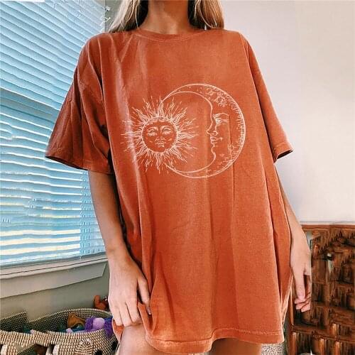 Women Summer Oversized T-Shirt BF Style Harajuku Sun Totem Printed Tees Short Sleeve O-Neck Soft Tops Camisetas Mujer 2021