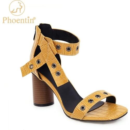 Phoentin ankle strap zipper womens sandal summer 2020 round heel yellow shoes hole design party sandal for women black FT895