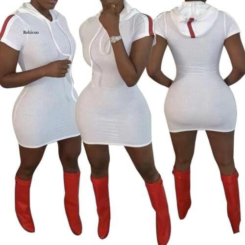 Womens Dress Sexy Short-Sleeved Bag Hip Solid Color Hooded Stitching Ribbon Dress