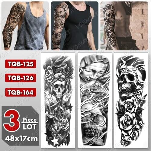 3 pcs/lot Large Arm Sleeve Tattoo Skull Star Wings Waterproof Temporary Tatto Sticker Rose Body Art Full Fake Tatoo Women Men