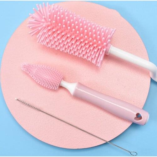 3pcs Newborn Baby Bottle Silicone Cleaner Brushes 360 Degree Rotation Long Handle Milk Bottle Nipple Cup Straw Brush