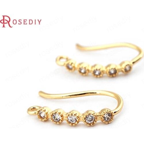 33778)6PCS Height 15MM 24K Gold Color Brass with Zircon Earrings Hooks High Quality Diy Jewelry Findings Accessories