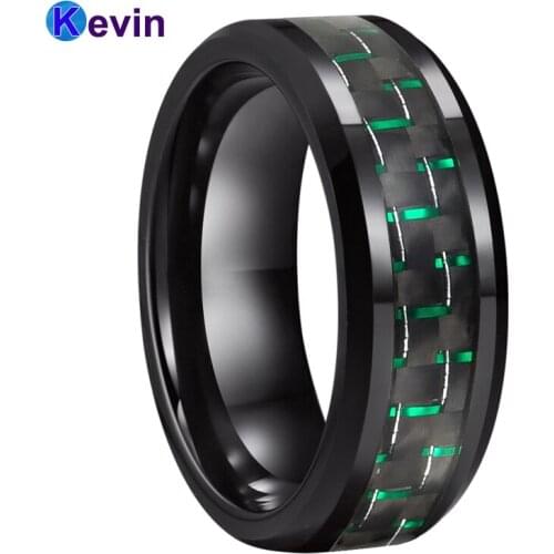 Black Tungsten Carbide Ring Black Rings For Women Men With Black+Green Carbon Fiber Inlay 8MM Comfort Fit