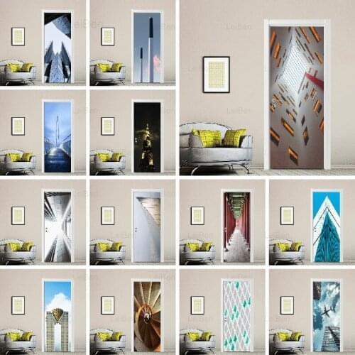 Home Decor Decal Poster 3D Door Stickers Modern Urban Landscape Waterproof Wallpaper PVC Poster Print Picture For Bedroom Paste