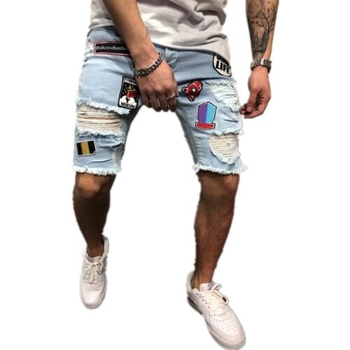Summer Men Stretchy Ripped Skinny Biker Embroidery Print Jeans Shorts Destroyed Hole Taped Slim Fit High Quality Denim Shorts
