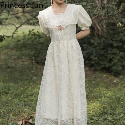 French Romantic Retro Lace Dress Short Puff Sleeve Flower Slim Waist Fairy Dress Summer Holiday A Line Princess Party Dress
