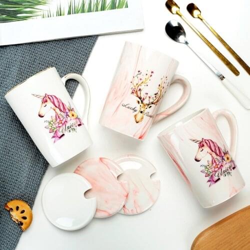 European Style Marbled Mug Creative Ceramic Couple Cup Milk Mug with Lid Spoon Kawaii Office Home Gift Cup Drinkware