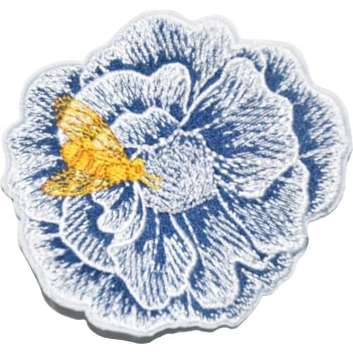 Blue Flower and Bee Embroidery Patches Iron on Patches for Clothes Applique Realistic Detail Sewing Bags Jackets Hats DIY