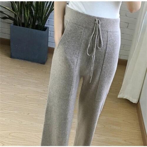 Autumn Winter new soft waxy comfortable cashmere camel pants female pure knitted wide leg pants Casual Loose Knitted pants women