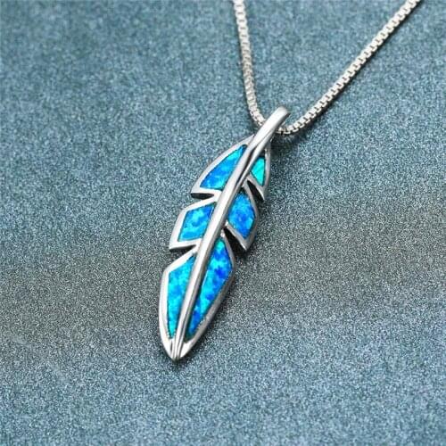 Classic Silver Color Chain Necklace Luxury Bridal Cute Leaf Wedding Necklace Trendy Female Blue Opal Pendant Necklaces For Women