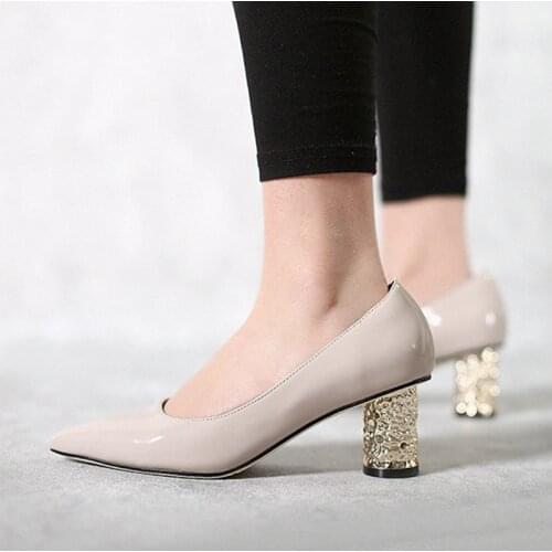 6cm high round shiny heels pointed toe shallow office lady mature slip on black gray handmade classic women pumps HL351 MUYISEXI