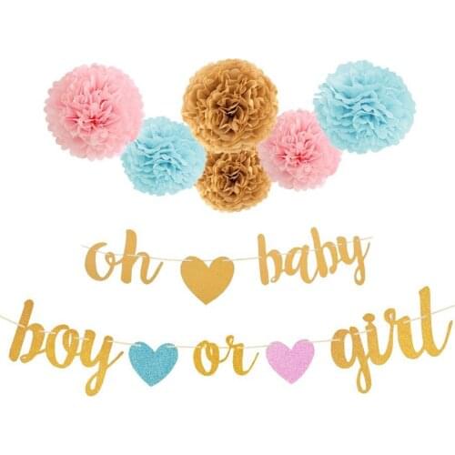 Gender Reveal Party Baby Shower Decoration Pink Blue Boy Or Girl Hanging Banner Supplies Paper Pompom Tissue Flower