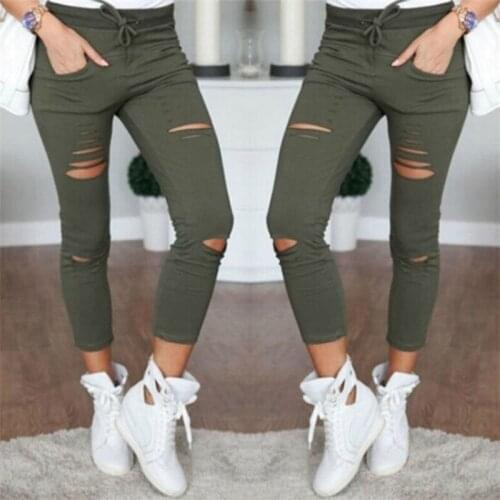 2018 Women Army Green Leggings Hole Pencil Stretch Casual Denim Skinny Ripped Pants Fashion Lady High Waist Broken Hole Trousers