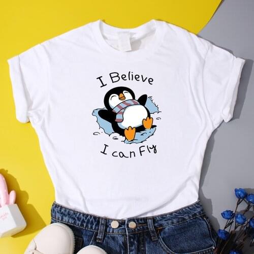 Kawaii Snow Penguin Womens T-Shirts Summer Vogue 2021 T Shirts Urban Hipster Tee Shirt I Believe I Can Fly Letter Print Clothes