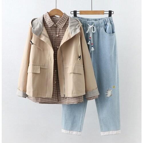 Women Sets Cartoon Embroidery Plaid Blouse Elasticity Waist Knee Length Jeans Denim Pants And Hooded Jacket Coat 3 Piece Set