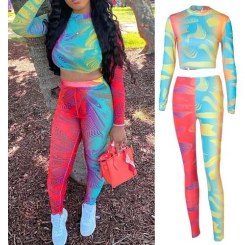 Women 2 Piece Workout Outfits Long Sleeve Turtleneck Crop Top High Waist Leggings Neon Color Block Tie-Dye Tracksuit