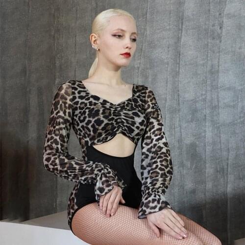 2021 New DL514 Leopard Latin Dance Dress Women Bodysuit Patchwork Tops Ballroom Tango Chacha Dancing Performamnce