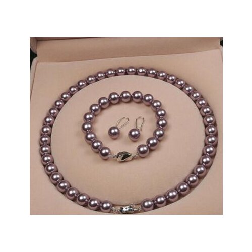 3PCS 10mm Purple Natural Shell Pearl Necklace+Bracelet+Earrings Three-Piece