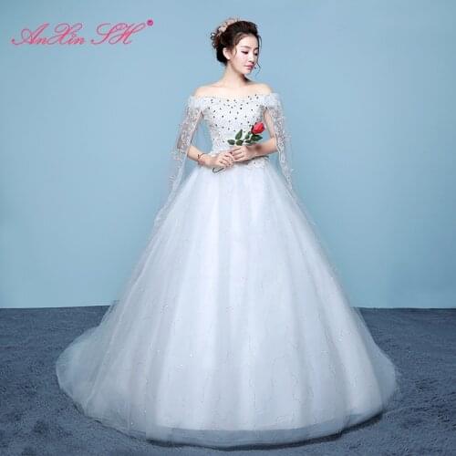 AXJFU flower lace white wedding Dress princess vintage boat neck illusion crystal flower red lace with view bride wedding dress