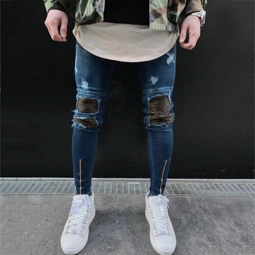Hole Jeans Pants For Men Sweatpants Casual Skinny Jeans Pocket Sports Denim Trousers Stretch-fit Jeans