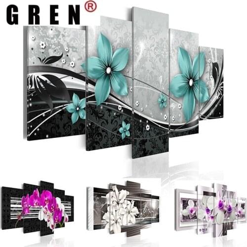 GREN 5 Panels Flowers Art Wall Painting Print on Canvas for Home Decor Modern Art Print Orchid Flower Living Romm Decoration
