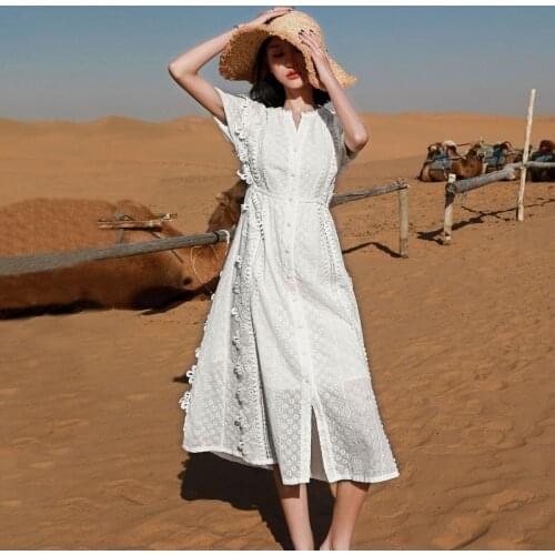 Jastie Vintage Summer Womens Dresses Solid Lace Hook Flower Hollow Round Neck Single-Breasted Slim Midi Dress Beach Party Robe