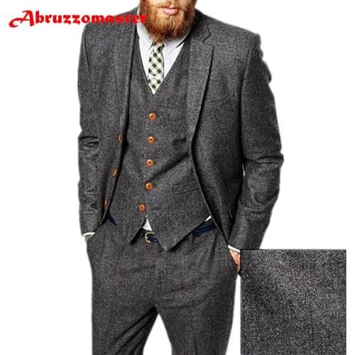 Abruzzomaster Grey Herringbone Men Suit British Style Modern Blazer 3 Pieces Wedding Suits Tweed Groom Suits