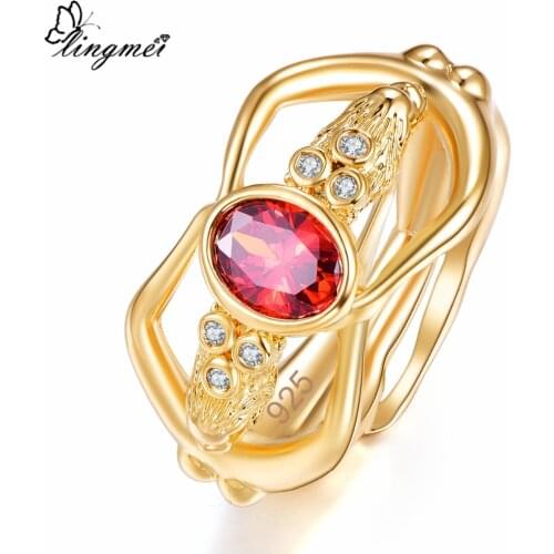 Lingmei New Arrival Oval Red & Purple White CZ Yellow GoldRing Size 6-9 Women Fashion Jewelry Party Christmas