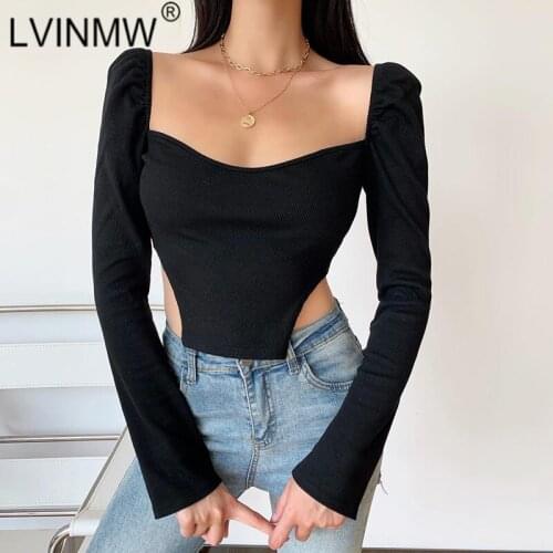 LVINMW Sexy Backless Square Collar Puff Sleeve Long Solid Crop Top Woman tshirts Autumn New Basic Simple T shirt Tops Streetwear