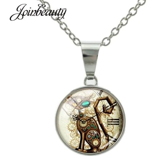 JOINBEAUTY Mechanical Cat Clock Round Women Necklaces Punk Jewelry Gift Glass Cabochon Snap Button Necklace Pendant DIY NS2960