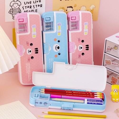 Cute Double Layer Square Cartoon Pencilcase With Sharpener Pencil Box Case Children Prize Student Creative Stationery Party Gift