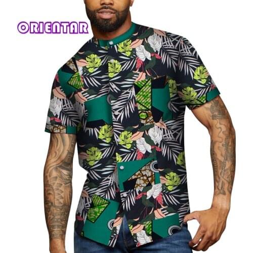 African Tops for Men African Shirt Short Sleeve T Shirt with Button African Print Patchwork Men African Clothes Tops WYN1099