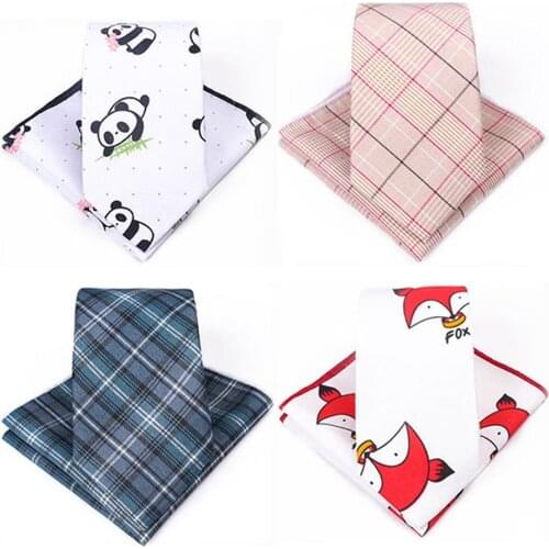 New 7cm Slim Cotton Handkerchief Tie Set Pink Bule Anime Plaid Print Pocket Square Neck Tie For Man Gift Set Funny Tie For Boy