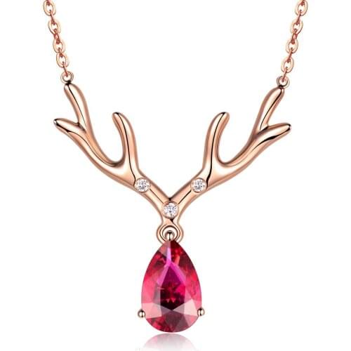MIQIAO 18K Rose Gold Deer Horn Red Tourmaline Crystal Stone Drop Pendant Collar Chains Necklace for Women Friends Gift Jewelry