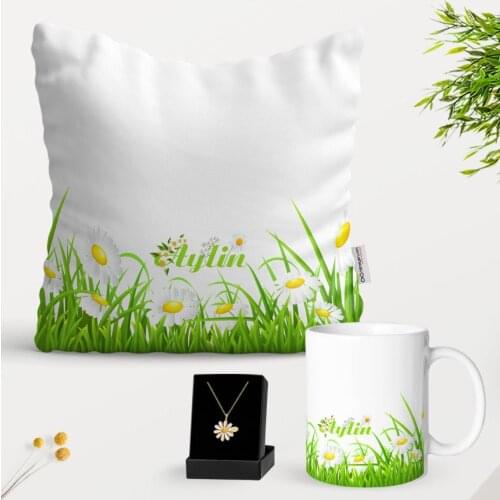Personalized Daisy Themed Pillow Mug And Daisy Necklace Gift Seti-3