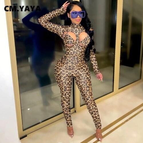 CM.YAYA Active Leopard Print Turtleneck Long Sleeve Cut Out Bust Bodycon Jumpsuit Women Sexy Club Party One Piece Overall Romper