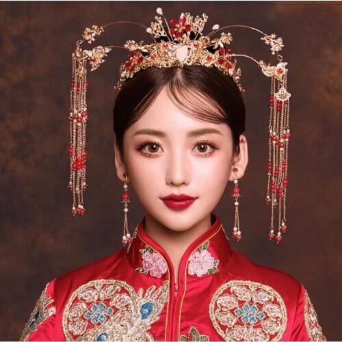 Chinese Wedding Bride Tranditional Hair Accessories Big Gold Pearl Floral Crown & Earrings Queen Headpiece Tiara Bridal Jewelry