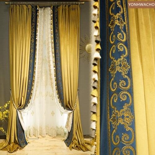 Custom curtain high grade American luxury bedroom gold yellow stitch blue thick Velvet cloth blackout curtain tulle C625