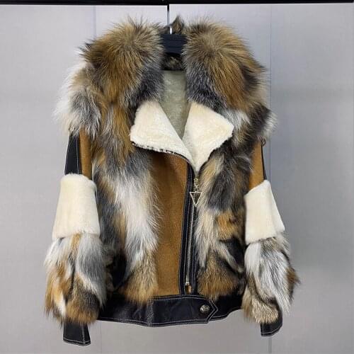 2021 Winter New Long Sleeve Lapel Thick Mixed-color Fox Fur Coat Ladies Patchwork Leather Jacket Lamb Fur Lining