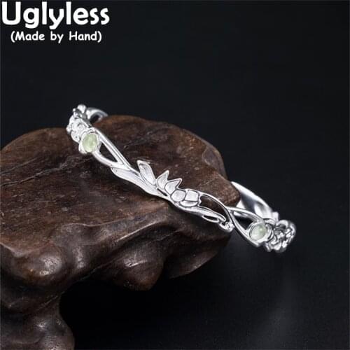 Uglyless Lotus Ethnic Jewelry for Women Natural Prehnite Bangles Real 925 Sterling Silver Hollow Bangles Oriental Charming Lotus