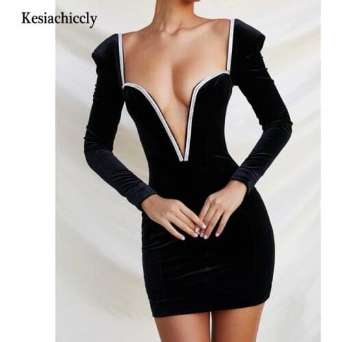 Kesiachiccly Deep V-Neck Sexy Mini Party Dresses Diamonds Long Sleeve Velvet Women Backless Autumn Winter Fashion Slim Dresses