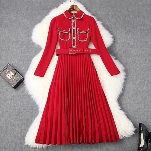 Superior 2021 new quality spring dress ladies Pleated long Party Dress autumn Womens grace sexy Casual Full sleeve dresses belt